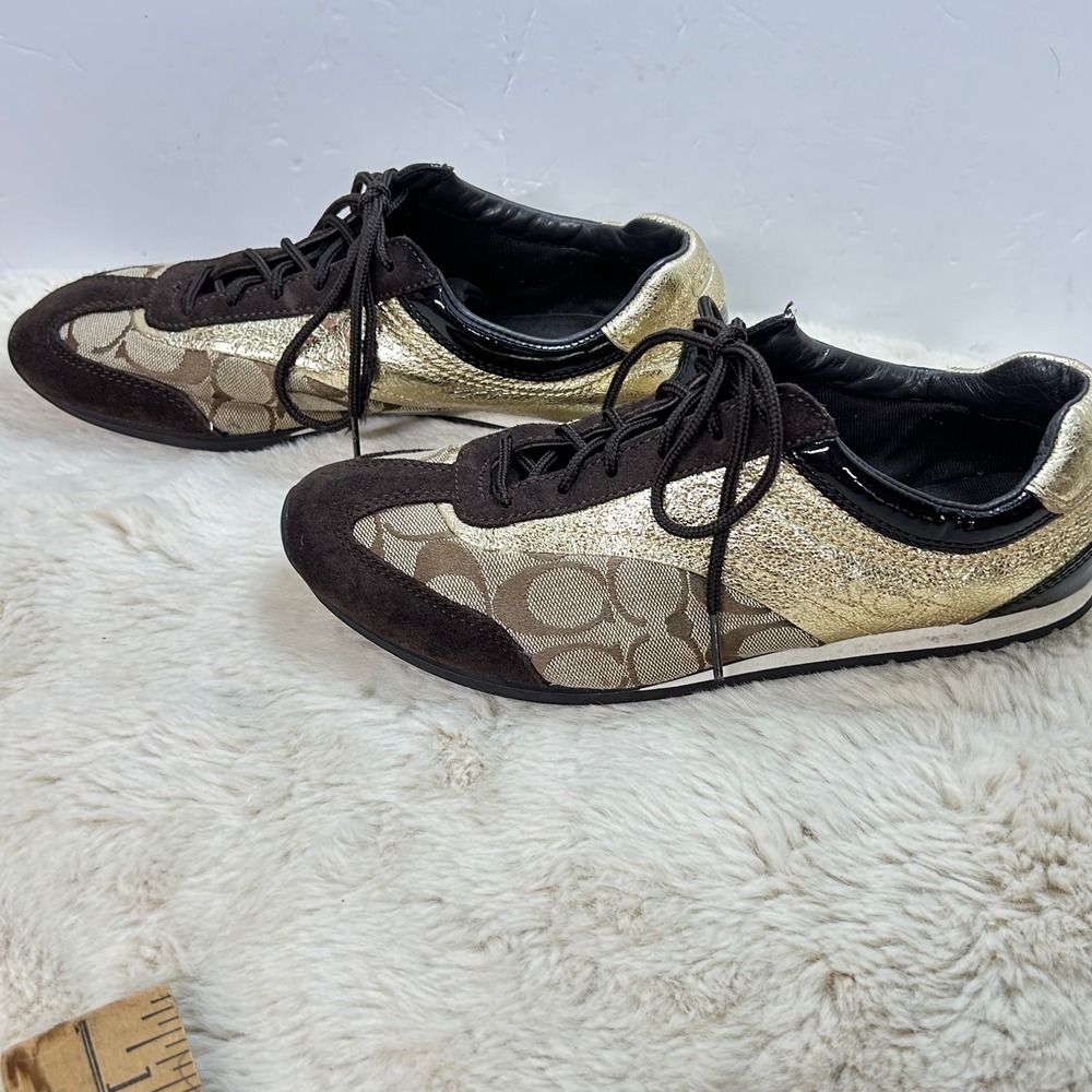COACH Brown & Gold Monogram Sneakers Shoes Low Top Designer - Picture 3 of 11